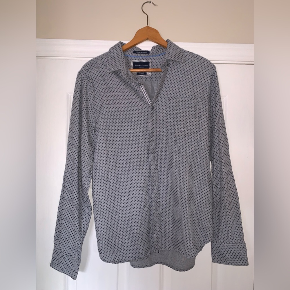 Denim & Flower Business Casual Button Down Shirt Grey & Black Pattern - Men’s M